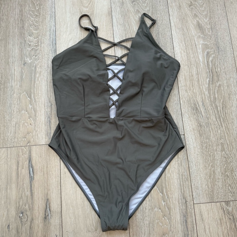Olive Green One-Piece Swimsuit with Crisscross Front size XXL